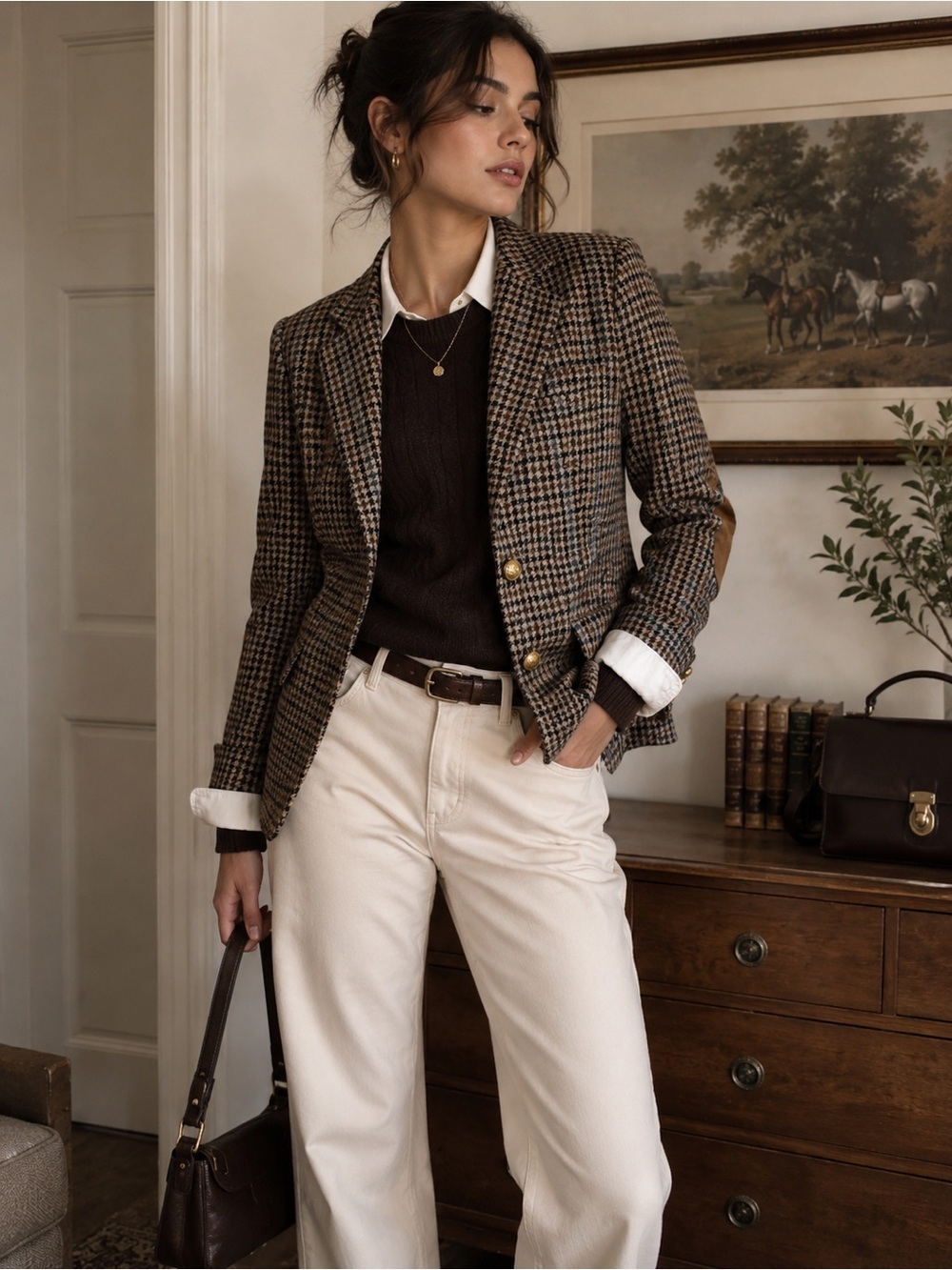 J.Crew Rhodes 100% Wool Houndstooth Blazer Suede Elbow Patch Size 6 Preppy